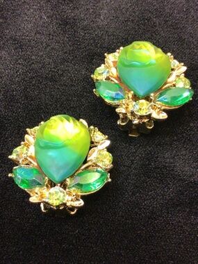 Mid-century B.S.K. Molded Blue/Green Satin Art Glass Rose with Aurora Borealis
